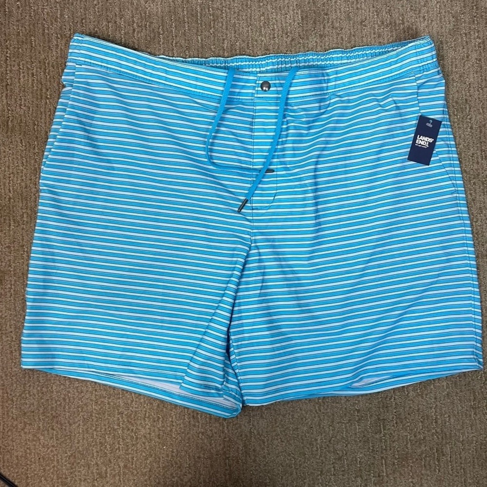 Lands End Mens‎ Swim Trunks Shorts Blue Stripe XXL Elastic Waist Pockets